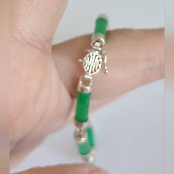 Luxury Boho Dyed Green Jade Tube Link Sterling Silver Chain Bracelet 7.5 inch - Picture 7 of 9